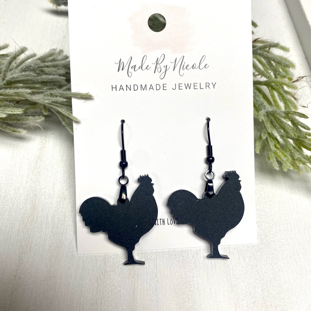 Hand Crafted Black Rooster Earrings